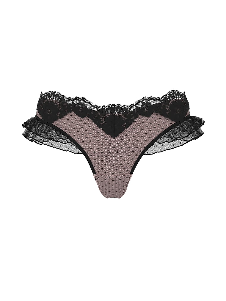 Victoria's Secret, Dream Angels Heritage Dot Mesh Lace-Trim Flutter Thong Panty, Angel Pink, offModelFront, 3 of 3
