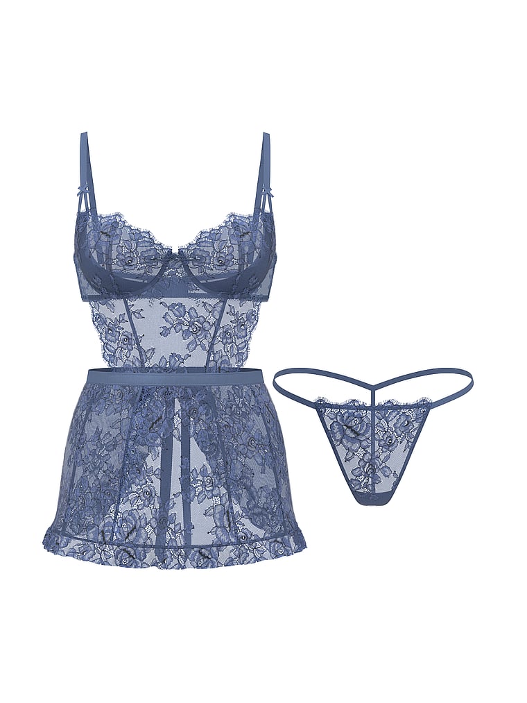Wicked Unlined Denim Rose Lace Apron Set