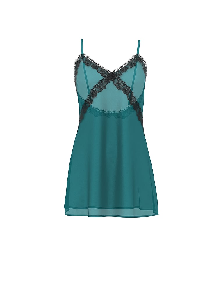 Victoria's Secret, Very Sexy Satin Rose Lace-Trim Mini Slip Dress, True Teal, offModelFront, 3 of 3