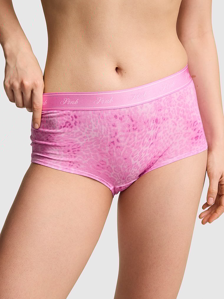 PINK Logo Cotton Boyshort Panty, Coconut Pink Leo Print, onModelFront, 1 of 3