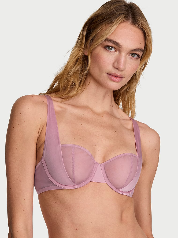 Victoria's Secret, Very Sexy Sheer Reveal Unlined Balconette Bra, Dusk Rose, onModelFront, 1 of 3