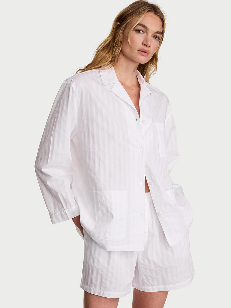 Victoria's Secret, Victoria's Secret Heritage Cotton Long-Sleeve Short Pajama Set, VS White, onModelFront, 1 of 4