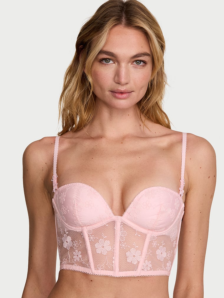 Victoria's Secret, Dream Angels Blossom Embroidery Plunge Corset Top, Pink Blossoms, onModelFront, 1 of 4