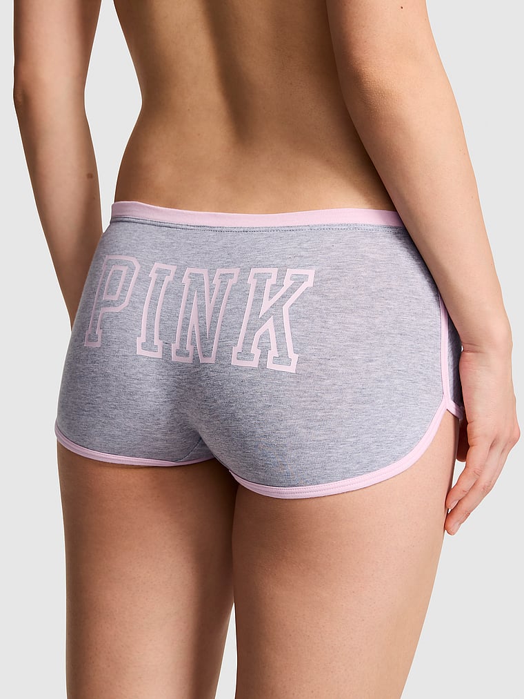 PINK Cotton Dorm Boyshort Panty, Medium Heather Grey with Coconut Pink Binding and PINK Butt Graphic, onModelFront, 1 of 2