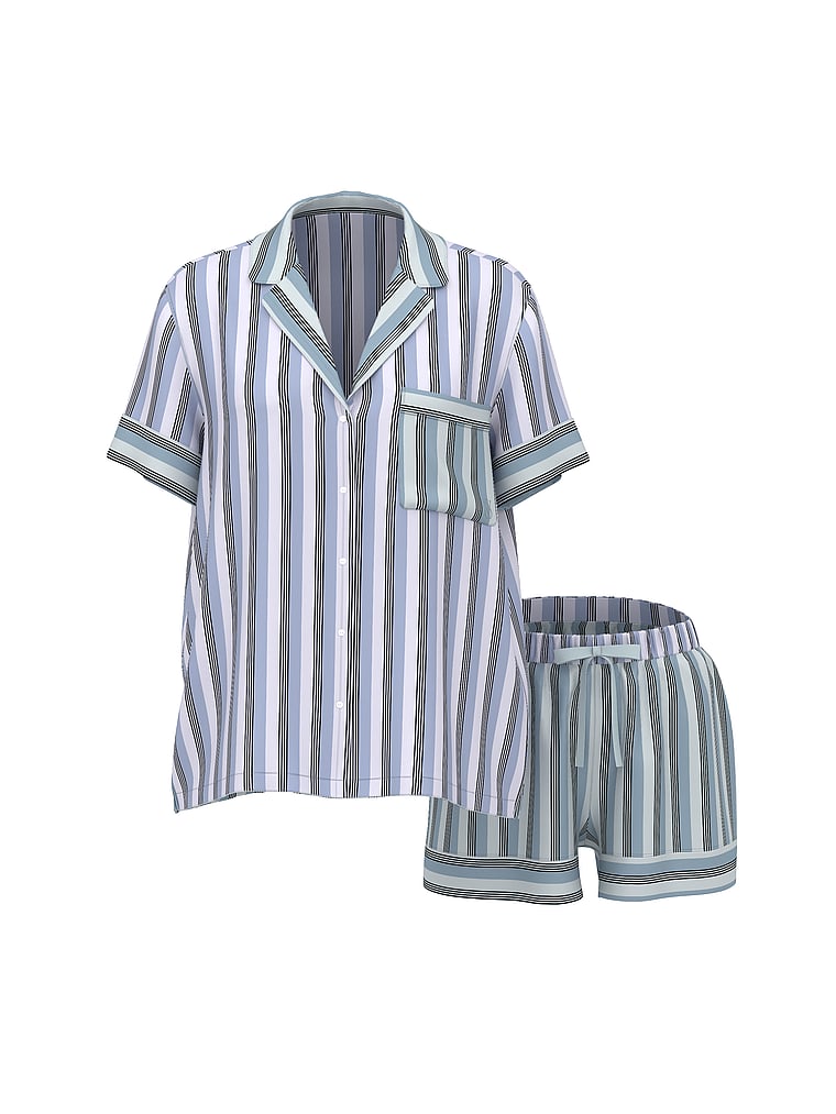 Victoria's Secret, Victoria's Secret Signature Satin Short Pajama Set, Celestial Blue Stripes, offModelFront, 3 of 4