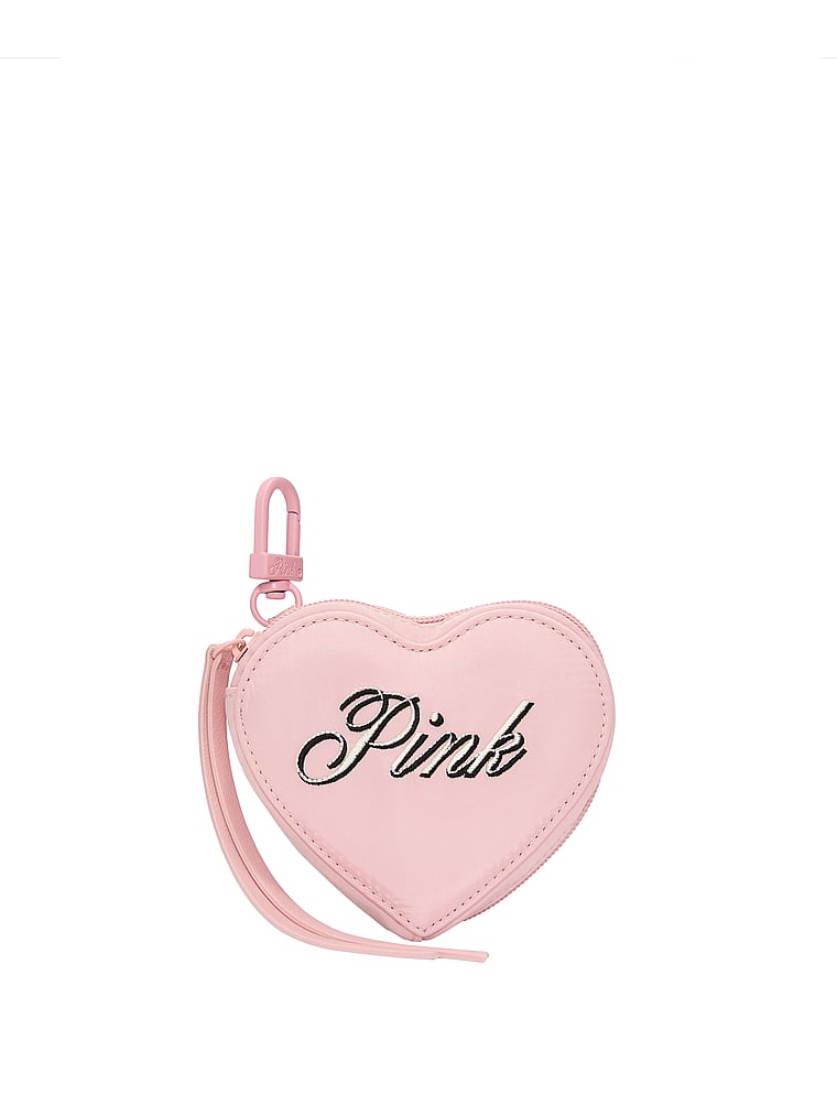 PINK Heart Pouch Keychain Charm, Dollhouse & Black Script, onModelFront, 1 of 3