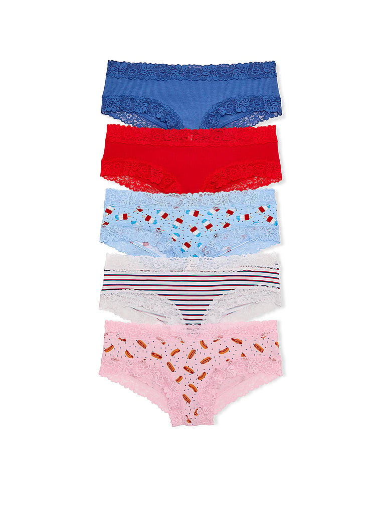 PINK 5-Pack PINK Wink™ Lace Mixed Cheeky Panties, Americana Pack, offModelFront, 1 of 1