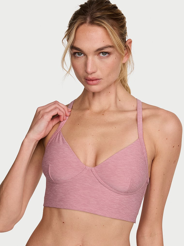 Victoria's Secret, VSX VSX New Essential Racerback Sports Bra, Heather Dusk Pink, onModelSide, 3 of 4