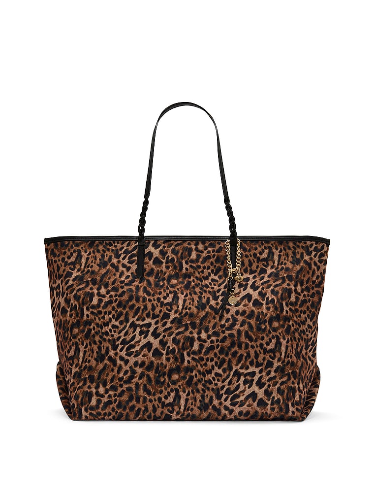 Large Leopard Woven Handle Tote Bag