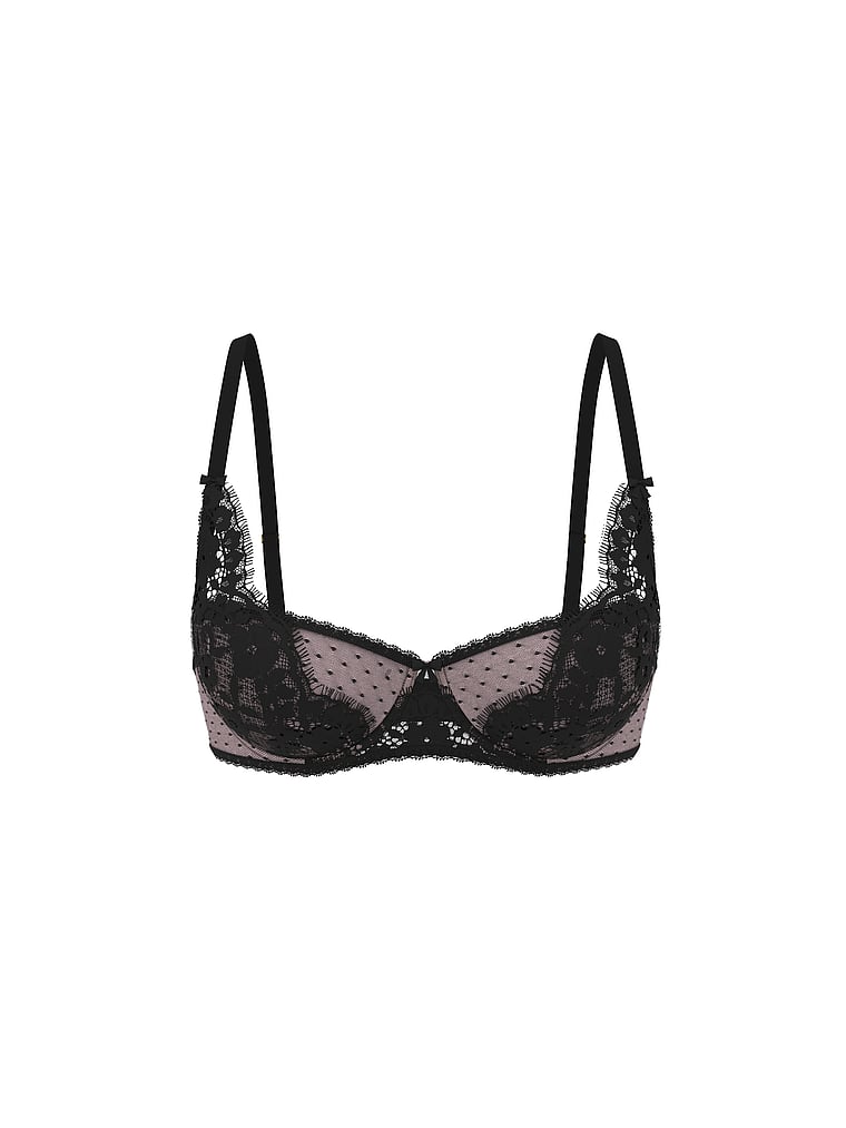 Victoria's Secret, Dream Angels Wicked Unlined Heritage Dot Mesh Lace-Trim Balconette Bra, Angel Pink, offModelFront, 3 of 3
