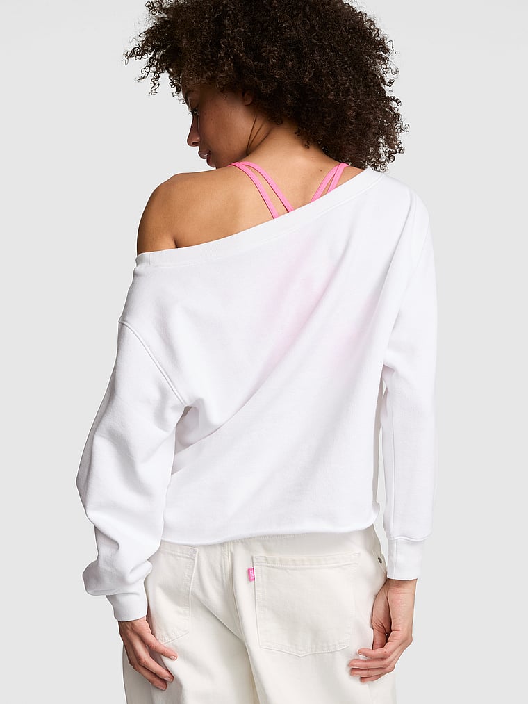 PINK Campus Fleece™ Rib Off-The-Shoulder Sweatshirt, White, onModelBack, 2 of 3 Drew is 5'9" and wears Small
