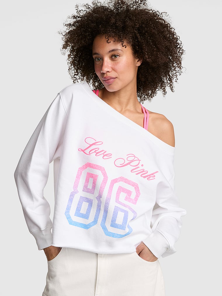 PINK Campus Fleece™ Rib Off-The-Shoulder Sweatshirt, White, onModelFront, 1 of 3 Drew is 5'9" and wears Small