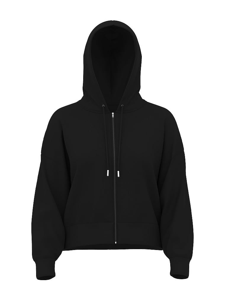 PINK Soft Modal Bubble-Sleeve Full-Zip Cropped Hoodie, Pure Black, offModelFront, 3 of 3