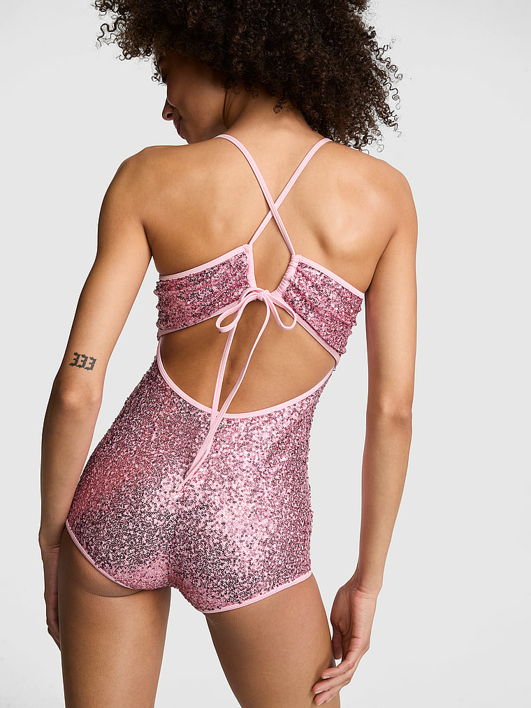 PINK SWIM Strappy Onesie Swimsuit, Boardwalk Pink, onModelBack, 2 of 3 Drew is 5'9" or 175cm and wears Small
