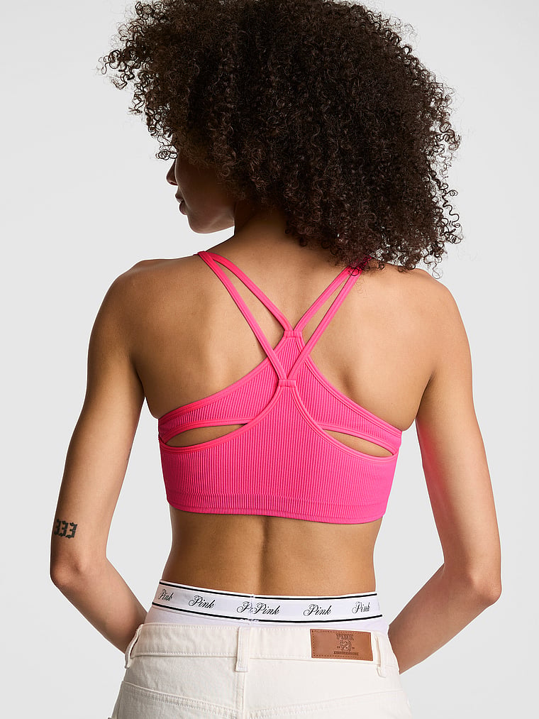 PINK AnyWear Strappy Sports Bra, Fall For Me Pink, onModelBack, 2 of 4 Drew is 5'9" or 175cm and wears 32C or Small