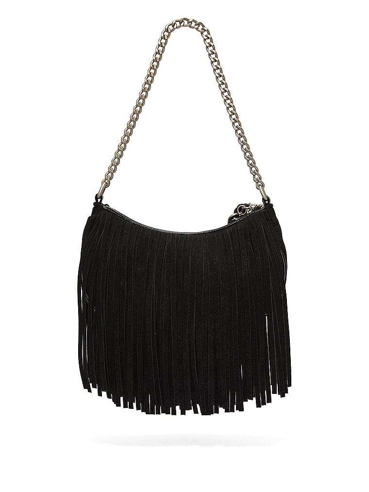 PINK Crescent Fringe Shoulder Bag, Black Fringe, onModelBack, 2 of 4