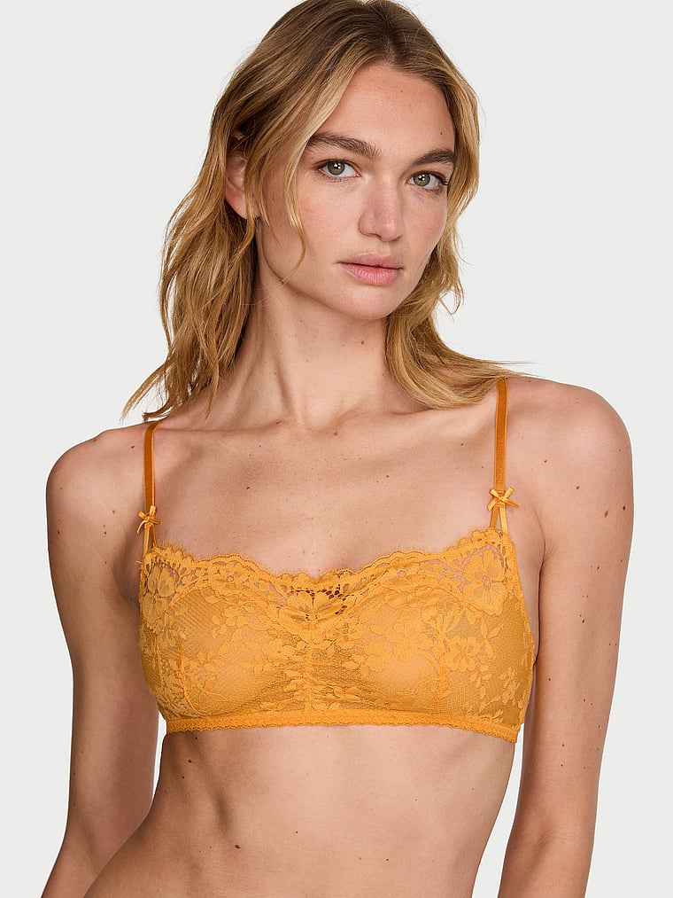 Victoria's Secret, Dream Angels Lace Unlined Bralette, Signal Yellow, onModelFront, 1 of 3