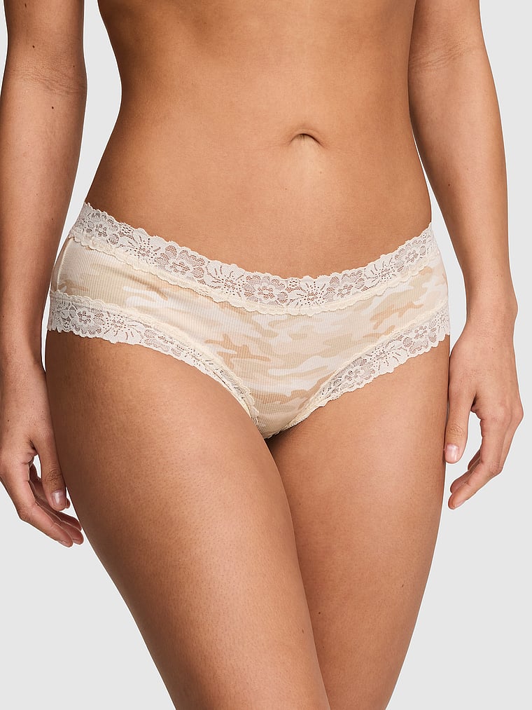 PINK PINK Wink™ Lace-Trim Cheeky Panty, Winter White Camo Print, onModelFront, 1 of 3