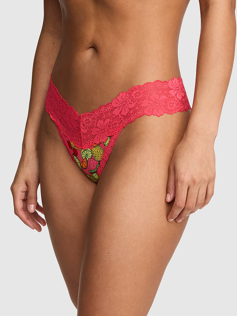 PINK PINK Wink™ Lace-Trim Cotton Thong Panty, Candy Pink Fruit Print, onModelFront, 1 of 3