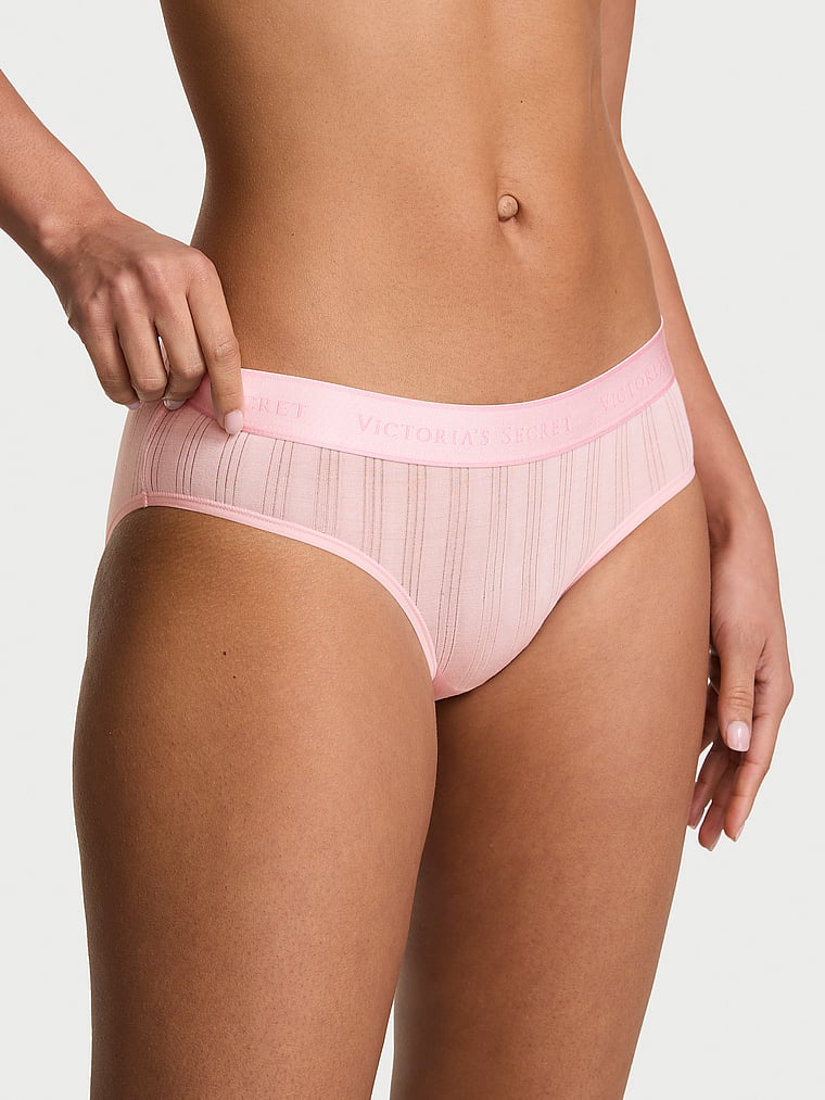 Victoria's Secret, Cotton Logo Cotton Shine Patch Hiphugger Panty, Angel Pink, onModelFront, 1 of 3 Nisaa is 5'9" and wears Small