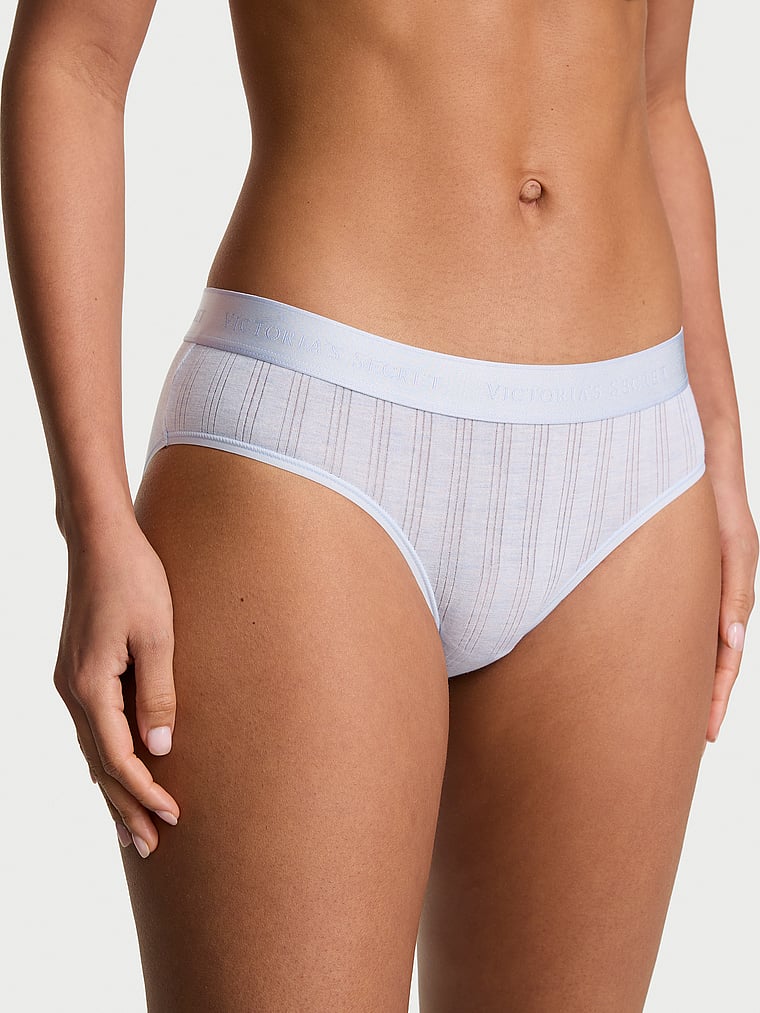 Victoria's Secret, Cotton Logo Cotton Shine Patch Hiphugger Panty, Heather Air Blue, onModelFront, 1 of 3 Nisaa is 5'9" and wears Small