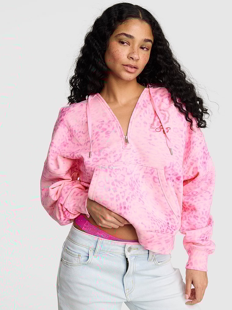 PINK Campus Fleece™ Half-Zip Hoodie, Pink Leopard, onModelFront, 1 of 3
