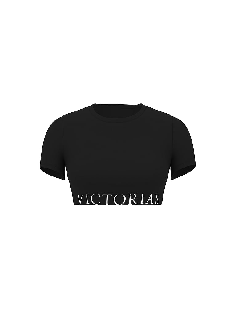 Victoria's Secret, The T-shirt Cotton Short-Sleeve Bralette Crop Top, Black, offModelFront, 4 of 4