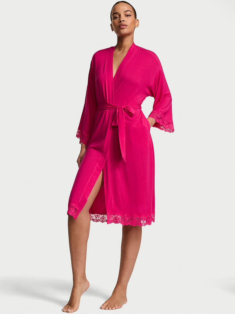 Victoria's Secret, Victoria's Secret SoSoft™ Modal Lace-Trim Robe, Pop Pink, onModelFront, 1 of 3 Nisaa is 5'9" or 175cm and wears Small