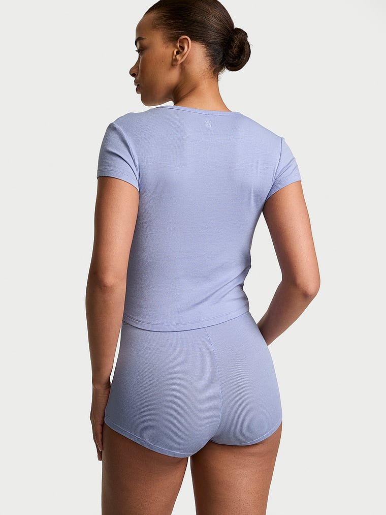 Victoria's Secret, Victoria's Secret SoSoft™ Modal Ribbed Tee & Shortie Set, Light Lavender, onModelBack, 2 of 5 Nisaa is 5'9" and wears S/Regular