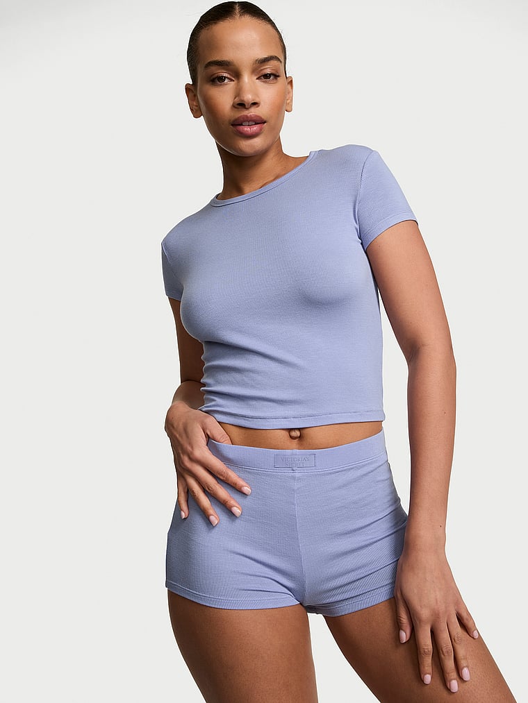 Victoria's Secret, Victoria's Secret SoSoft™ Modal Ribbed Tee & Shortie Set, Light Lavender, onModelFront, 1 of 5 Nisaa is 5'9" and wears S/Regular
