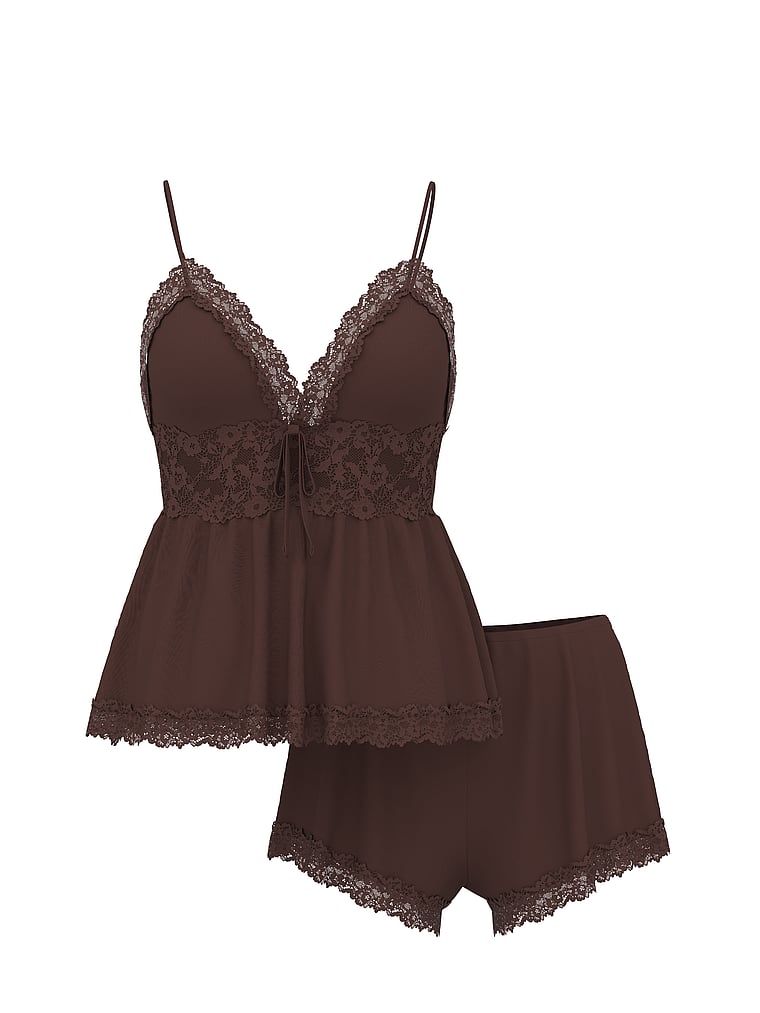 Victoria's Secret, Victoria's Secret SoSoft™ Modal Lace-Trim Cami & Shorts Set, Ganache, offModelFront, 3 of 4
