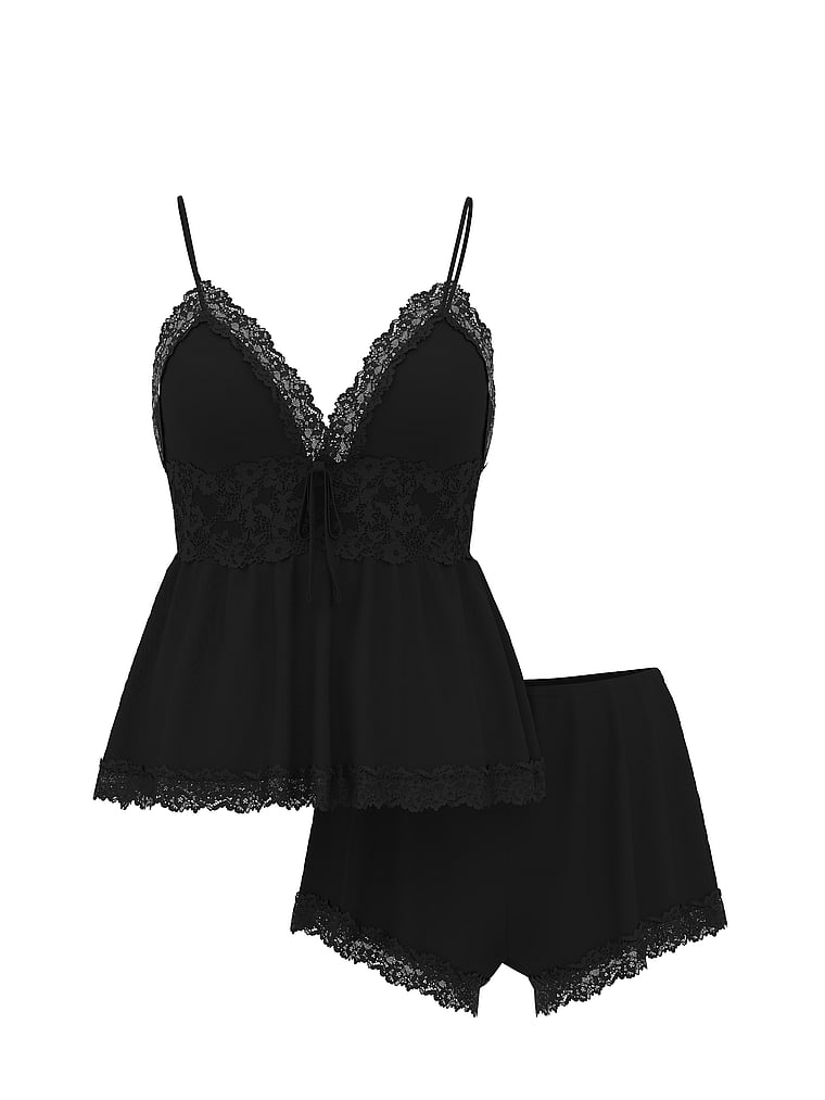 Victoria's Secret, Victoria's Secret SoSoft™ Modal Lace-Trim Cami & Shorts Set, Black, offModelFront, 3 of 4