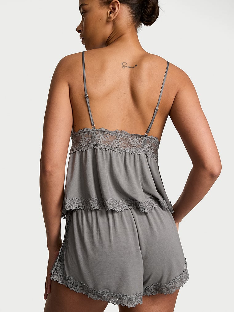 Victoria's Secret, Victoria's Secret SoSoft™ Modal Lace-Trim Cami & Shorts Set, Steel Grey, onModelBack, 2 of 4 Nisaa is 5'9" and wears Small