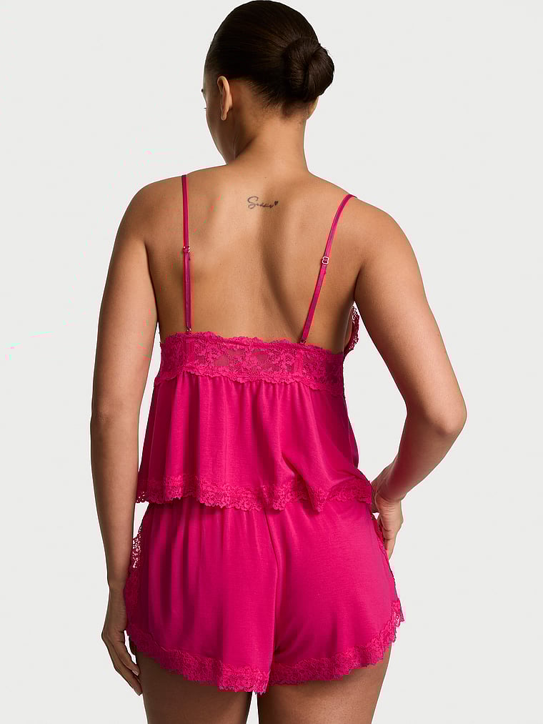 Victoria's Secret, Victoria's Secret SoSoft™ Modal Lace-Trim Cami & Shorts Set, Pop Pink, onModelBack, 2 of 4 Nisaa is 5'9" and wears Small