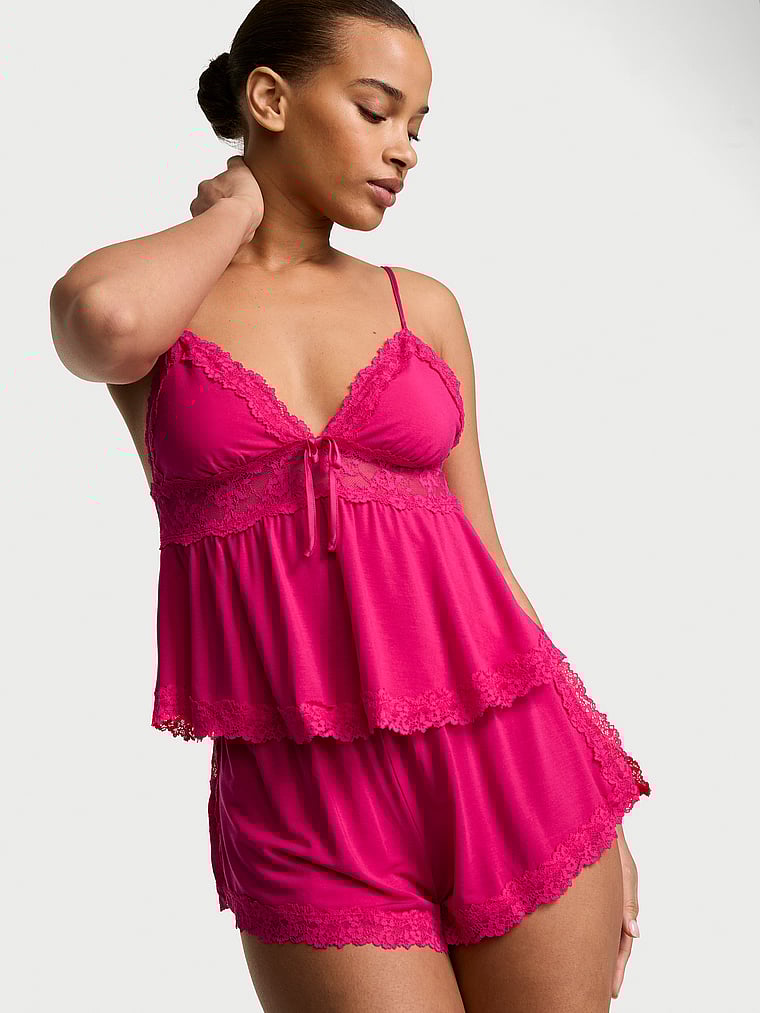 Victoria's Secret, Victoria's Secret SoSoft™ Modal Lace-Trim Cami & Shorts Set, Pop Pink, onModelFront, 1 of 4 Nisaa is 5'9" and wears Small