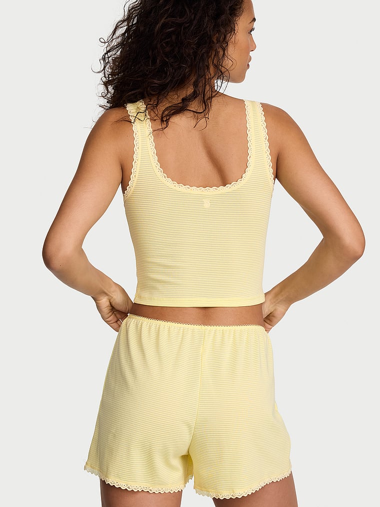 Victoria's Secret, Victoria's Secret Cotton Shadow Stripe Cropped Tank & Shorts Set, Lemonade, onModelBack, 2 of 3 Nikita  is 5'10" and wears S/Long