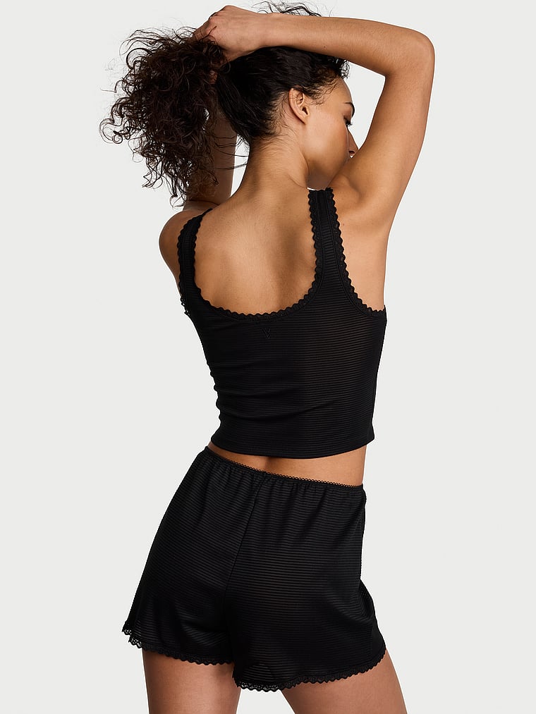 Victoria's Secret, Victoria's Secret Cotton Shadow Stripe Cropped Tank & Shorts Set, Black, onModelBack, 2 of 3 Nikita  is 5'10" and wears S/Long