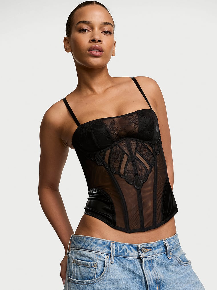 Victoria's Secret, Very Sexy Desire Lines Embroidery Corset Top, Black, onModelFront, 1 of 4 Nisaa is 5'9" or 175cm and wears 34B or Small