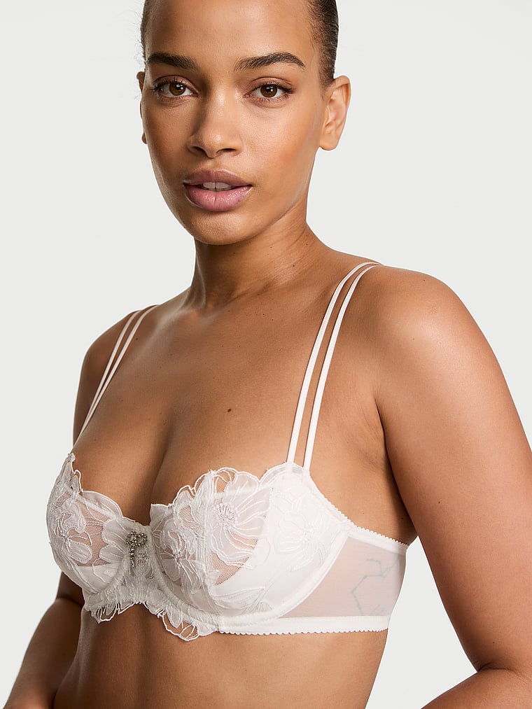 Victoria's Secret, Dream Angels Wicked Unlined Frou Frou Embroidery Balconette Bra, Frou Frou White, onModelFront, 1 of 6 Nisaa is 5'9" and wears 34B or Small
