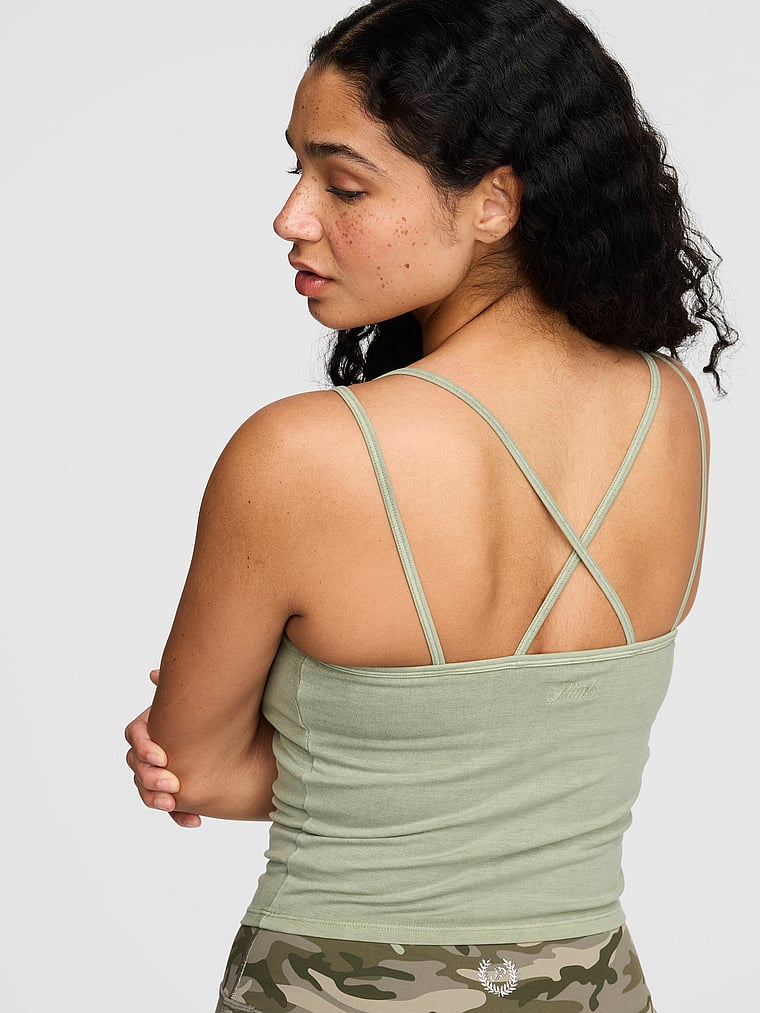 PINK All-Day Cotton™ Strappy Tank Top, Slate Green, onModelBack, 2 of 3