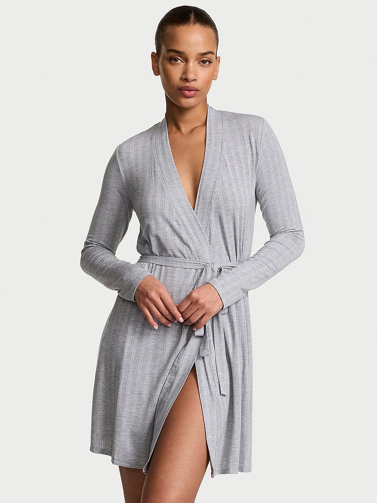 Victoria's Secret, Victoria's Secret SoSoft™ Modal Ultra-Fine Short Robe, Medium Heather Grey, onModelFront, 1 of 3 Nisaa is 5'9" or 175cm and wears Small