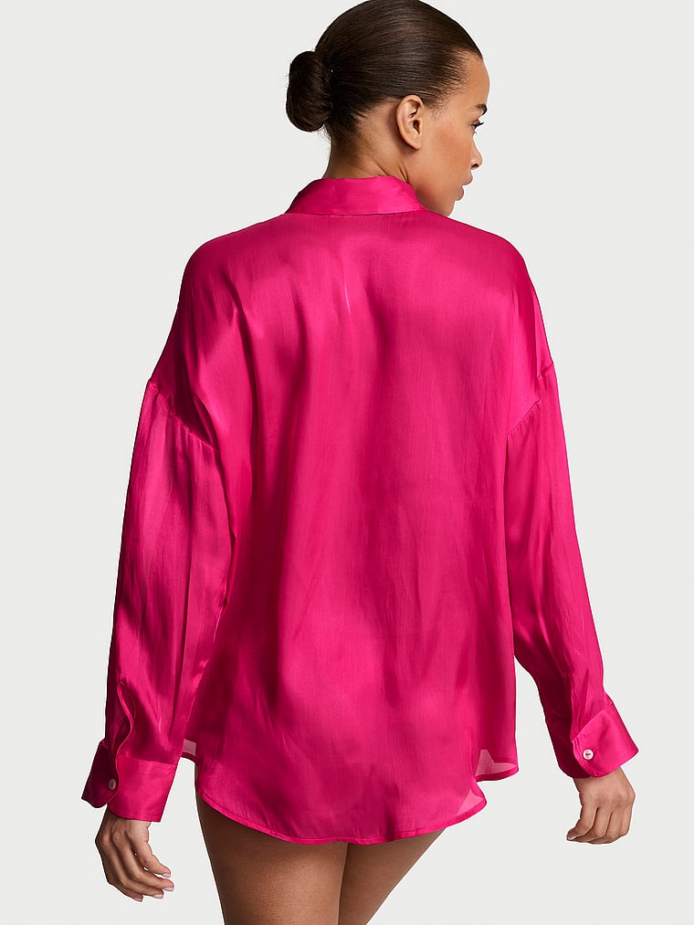 Victoria's Secret, Victoria's Secret Luxe Sheer Satin Button-Front Shirt, Pop Pink, onModelBack, 2 of 3