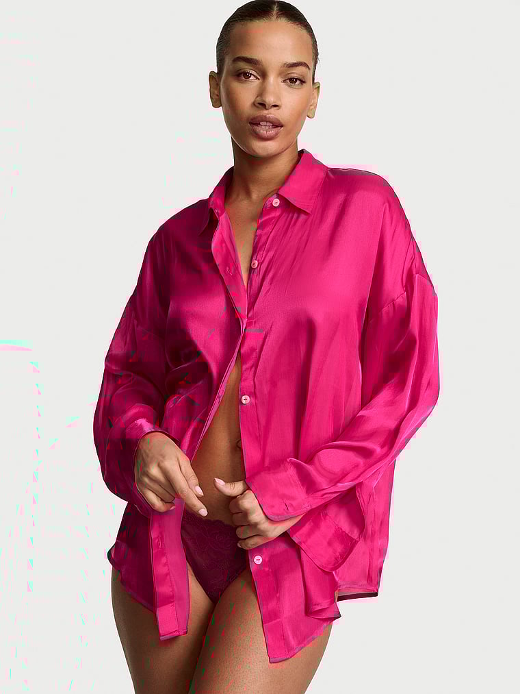 Victoria's Secret, Victoria's Secret Luxe Sheer Satin Button-Front Shirt, Pop Pink, onModelFront, 1 of 3