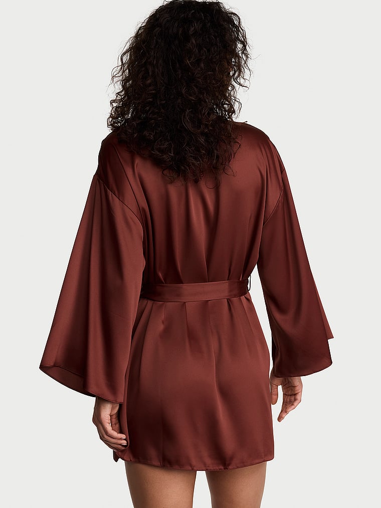 Victoria's Secret, Victoria's Secret Leopard Jacquard Satin Short Robe, Dark Chili, onModelBack, 2 of 2 Nikita  is 5'10" or 178cm and wears Small