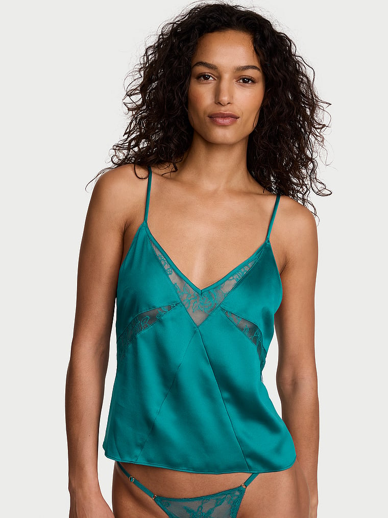 Victoria's Secret, Very Sexy Satin & Rose Lace Cami Top, True Teal, onModelFront, 3 of 4