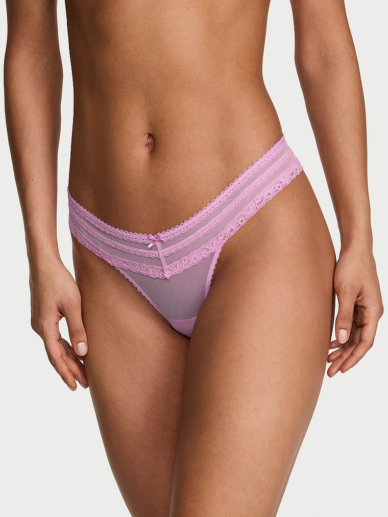 Victoria's Secret, Dream Angels Heart Chiffon String Thong Panty, Hushed Lilac, onModelFront, 1 of 3 Nikita  is 5'10" or 178cm and wears Small