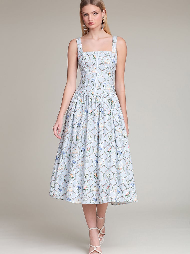 Victoria's Secret, Avec Les Filles Floral Lattice Linen Blend Midi Dress, Periwinkle Felicity, onModelFront, 1 of 4