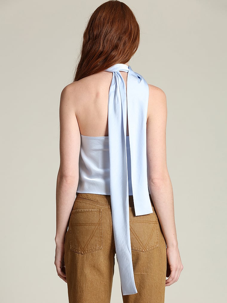 Victoria's Secret, Avec Les Filles Satin Scarf Tie Halter Top, Ice Blue, onModelBack, 2 of 4