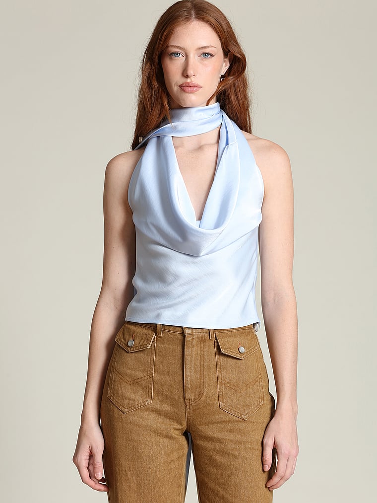 Victoria's Secret, Avec Les Filles Satin Scarf Tie Halter Top, Ice Blue, onModelFront, 1 of 4