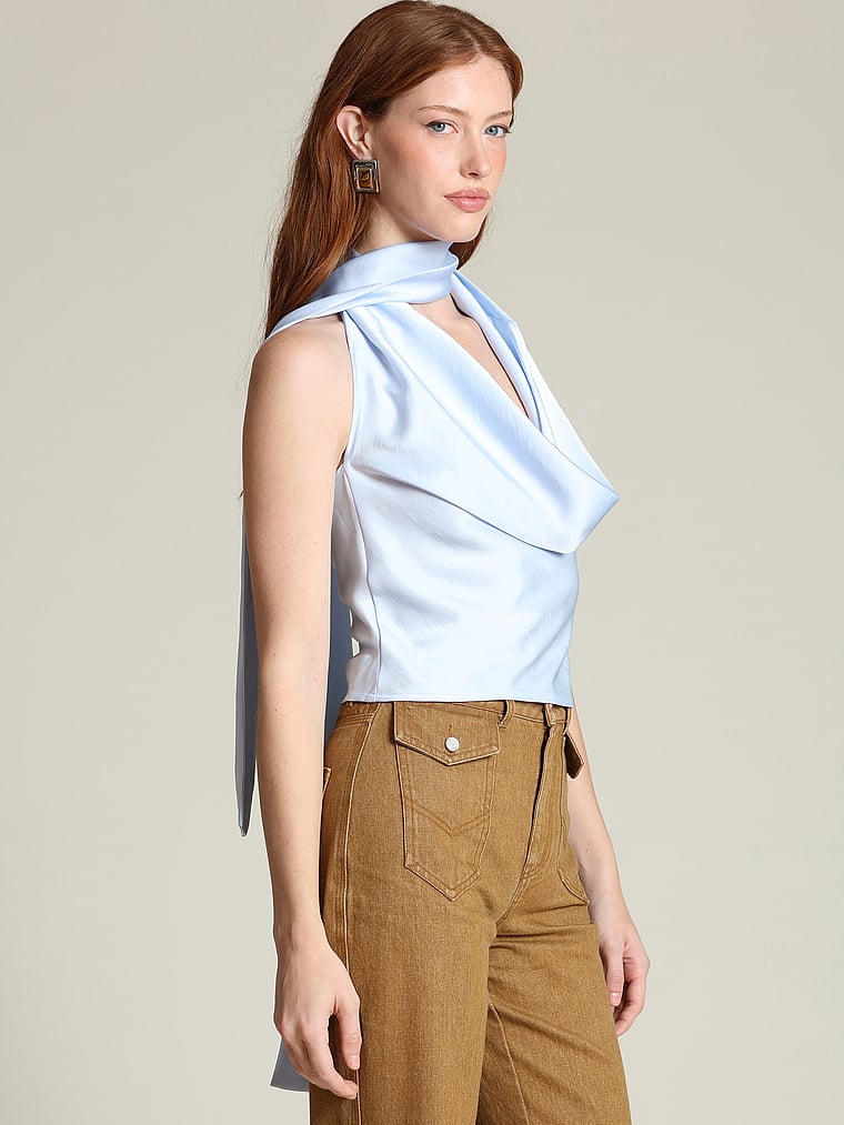 Victoria's Secret, Avec Les Filles Satin Scarf Tie Halter Top, Ice Blue, onModelSide, 3 of 4